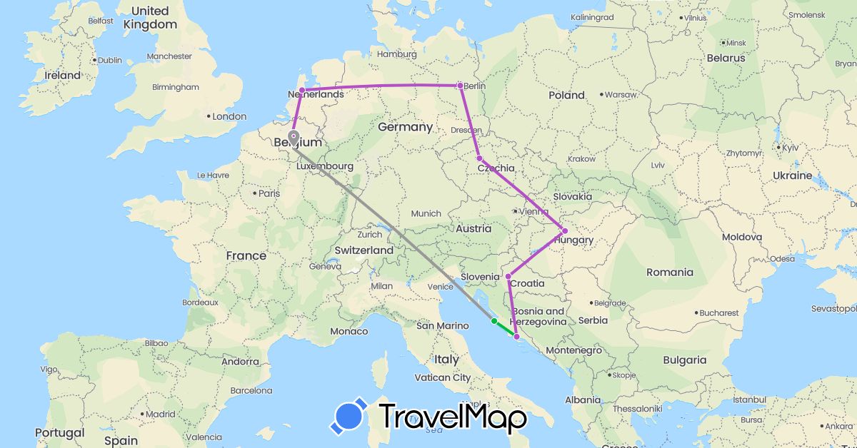 TravelMap itinerary: driving, bus, plane, train in Belgium, Czech Republic, Germany, Croatia, Hungary, Netherlands (Europe)